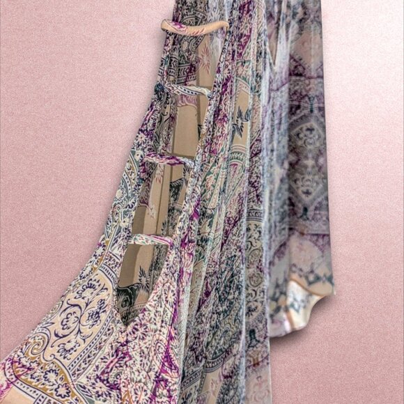 Lavender Brown NWOT XS Boho Kaftan V-Neck Blouse Sleeve Cutouts Purple Teal - Picture 3 of 6